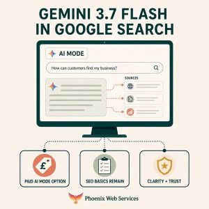 Gemini 3.7 Flash in Google Search infographic showing AI Mode, SEO basics and the importance of clarity and trust