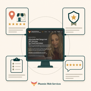 Entity SEO diagram showing the Phoenix Web Services website connected to business profiles, professional sources and five-star reviews.