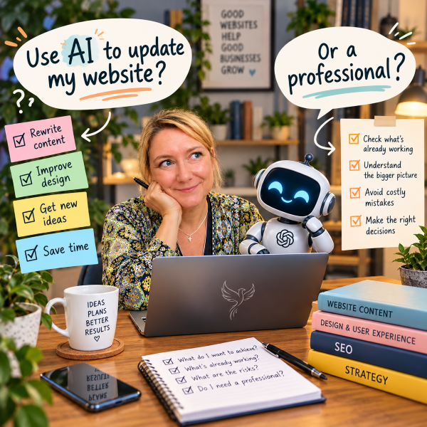 Business owner deciding whether to use AI or a professional to update her website